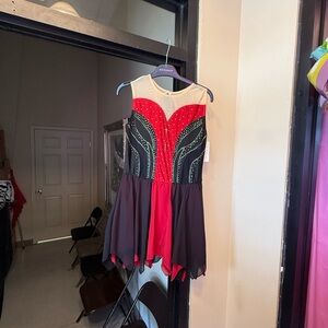 Red and Black Sleeveless DANCE  Dress with Beaded Design attached leotard